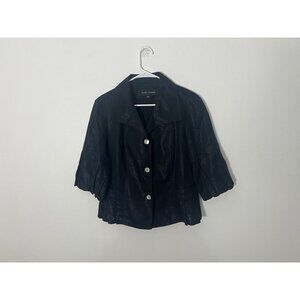Randy Kemper Button Down Shiny Black Linen Blend Blouse Size 12